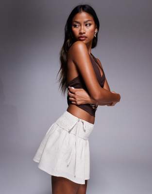 Princess Polly Linen Blend Shirred Waist Tie Detail Mini Skirt In Neutral