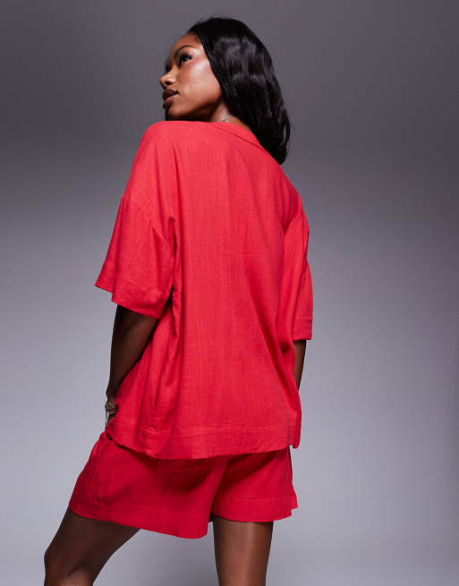 Princess Polly linen blend tie front shirt and shorts full set in red, 2 of 4