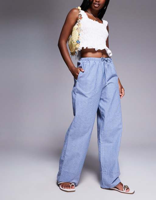 Princess Polly linen look drawstring waist wide leg trousers in blue stripe