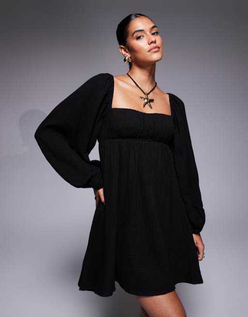 Princess Polly linen look puff sleeve long sleeve open tie back mini smock dress in black
