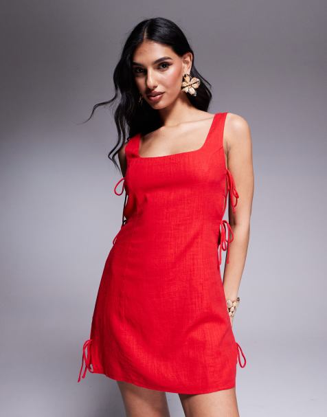 Princess Polly linen look square neck open tie side mini dress in red - view 1