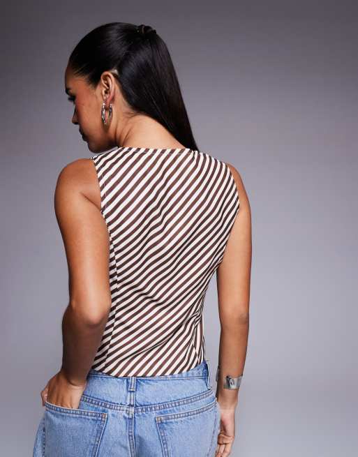 Princess Polly Lishar tie front detail sleeveless vest in brown stripe, 3 of 4