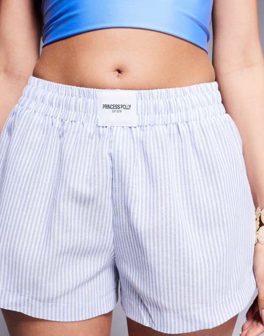 Princess Polly logo boxer shorts in blue and white stripe, 3 of 5