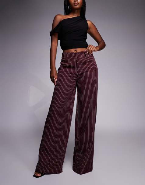 Princess Polly Lorenne mid-rise tailored wide leg pants in burgundy pinstripe - view 1