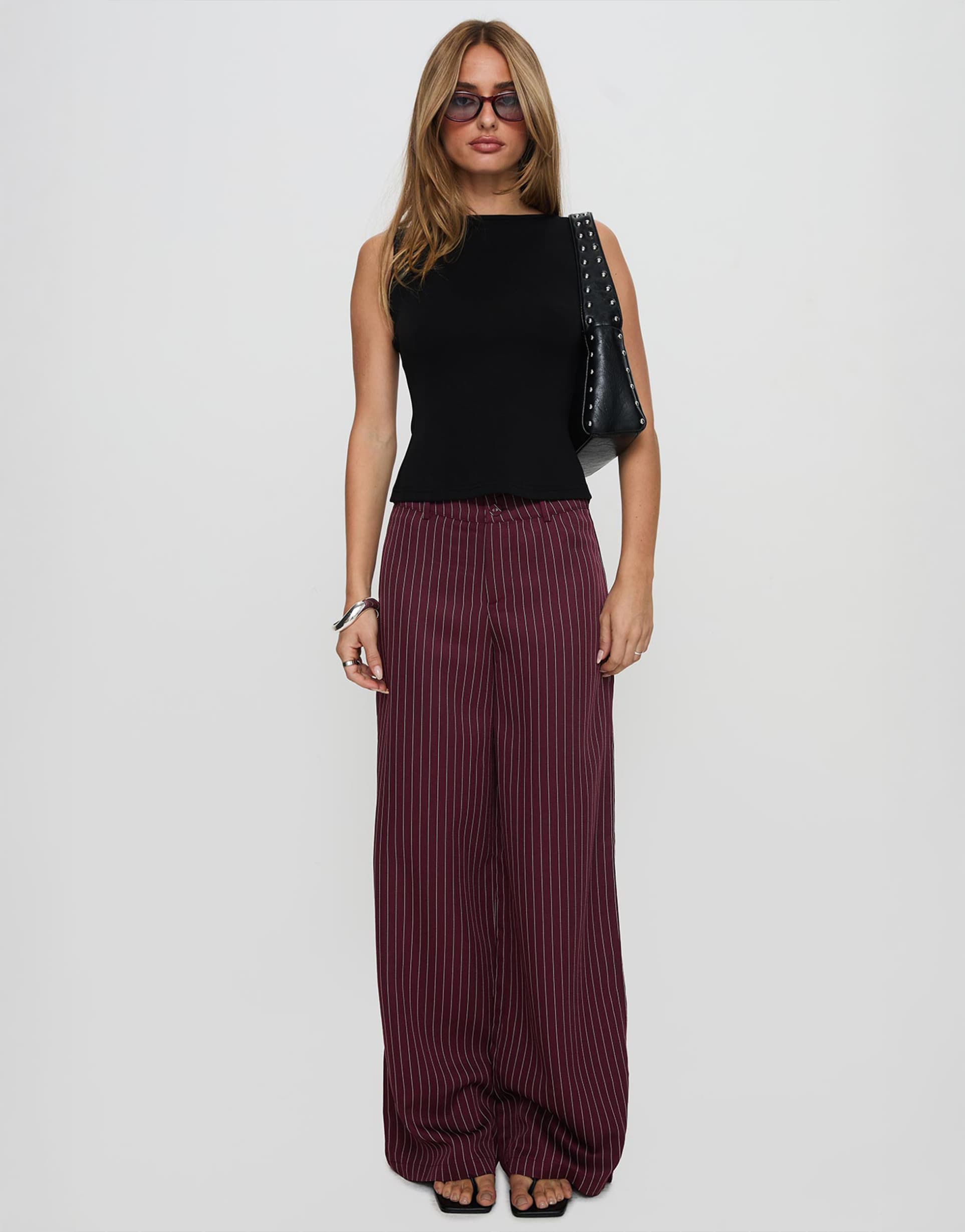 princess polly lorenne mid rise tailored wide leg pants in burgundy pinstripe