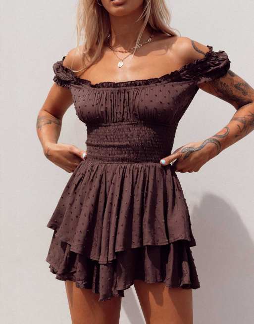 Princess Polly Love Galore dobby mesh shirred off shoulder ruffle playsuit in brown, 2 of 3