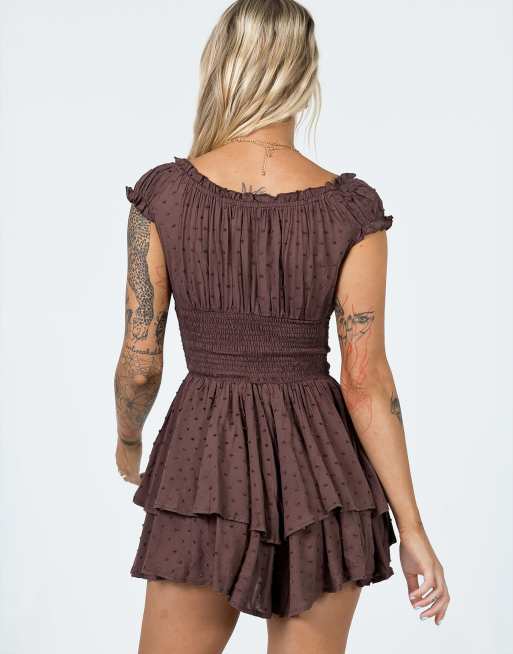 Princess Polly Love Galore dobby mesh shirred off shoulder ruffle playsuit in brown, 3 of 3