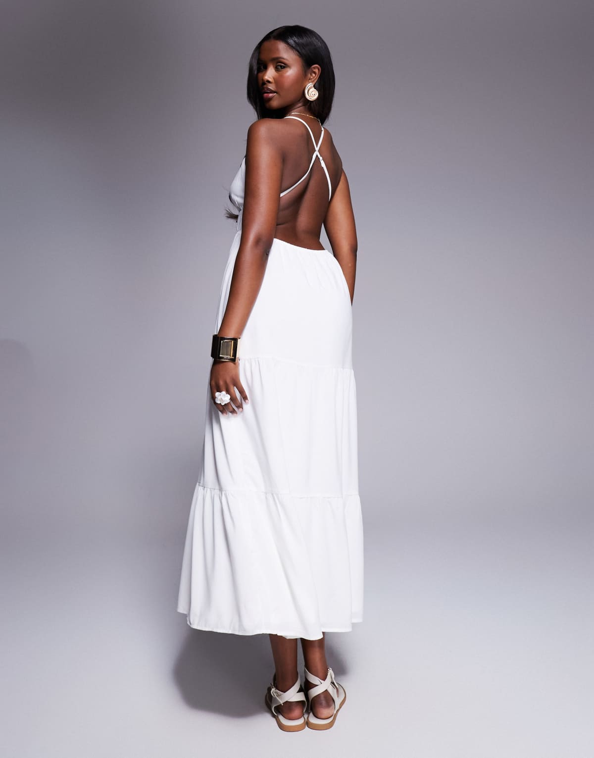 Princess Polly low cross back tiered maxi dress in white