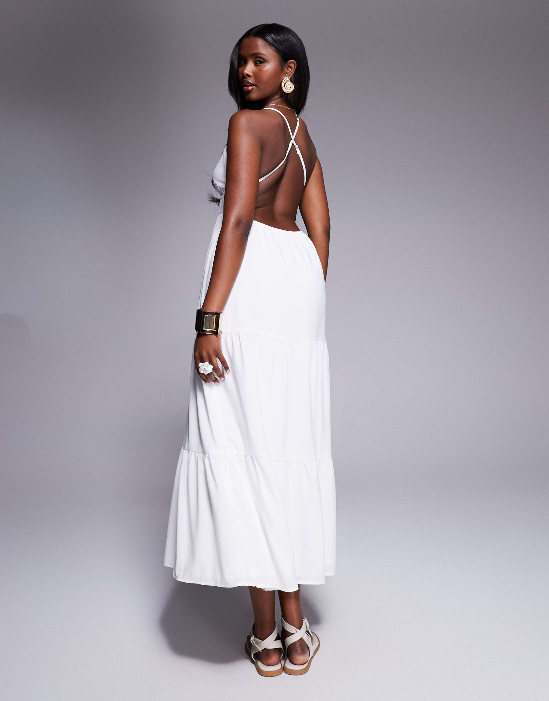 princess polly low cross back tiered maxi dress in white