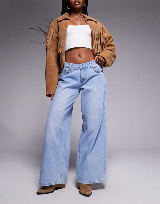 Princess Polly low rise stud detailing baggy wide leg jeans in light blue wash