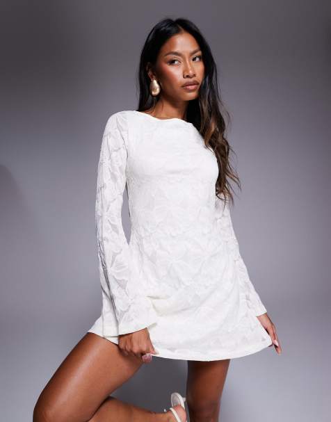 Princess Polly Lukea lace slash neck open tie back bell sleeve mini dress in cream - view 1