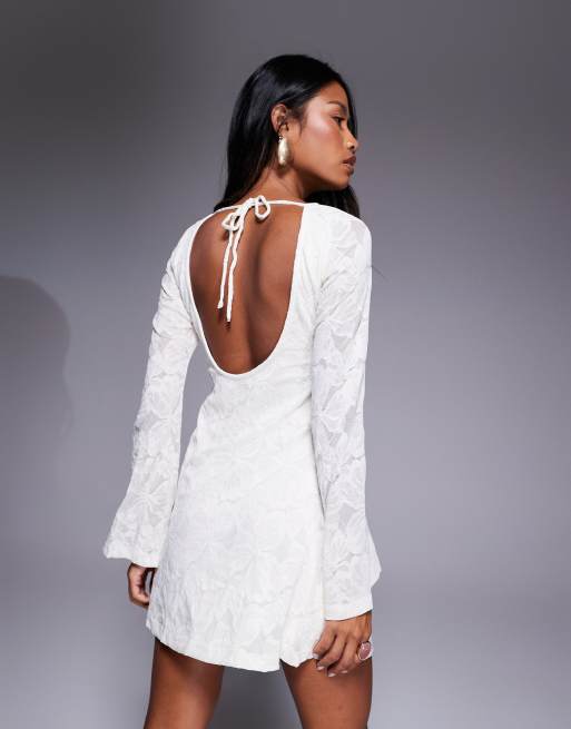 Princess Polly Lukea lace slash neck open tie back bell sleeve mini dress in cream