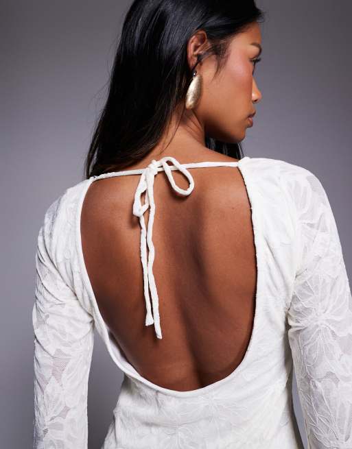 Princess Polly Lukea lace slash neck open tie back bell sleeve mini dress in cream