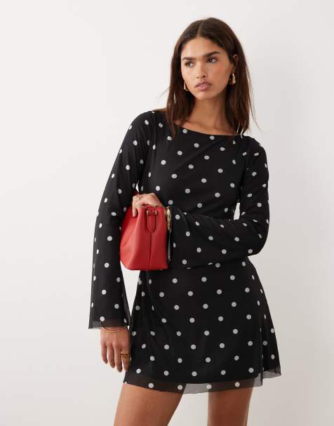 Princess Polly Lukea mesh flare sleeve open back mini dress in black polka - view 1