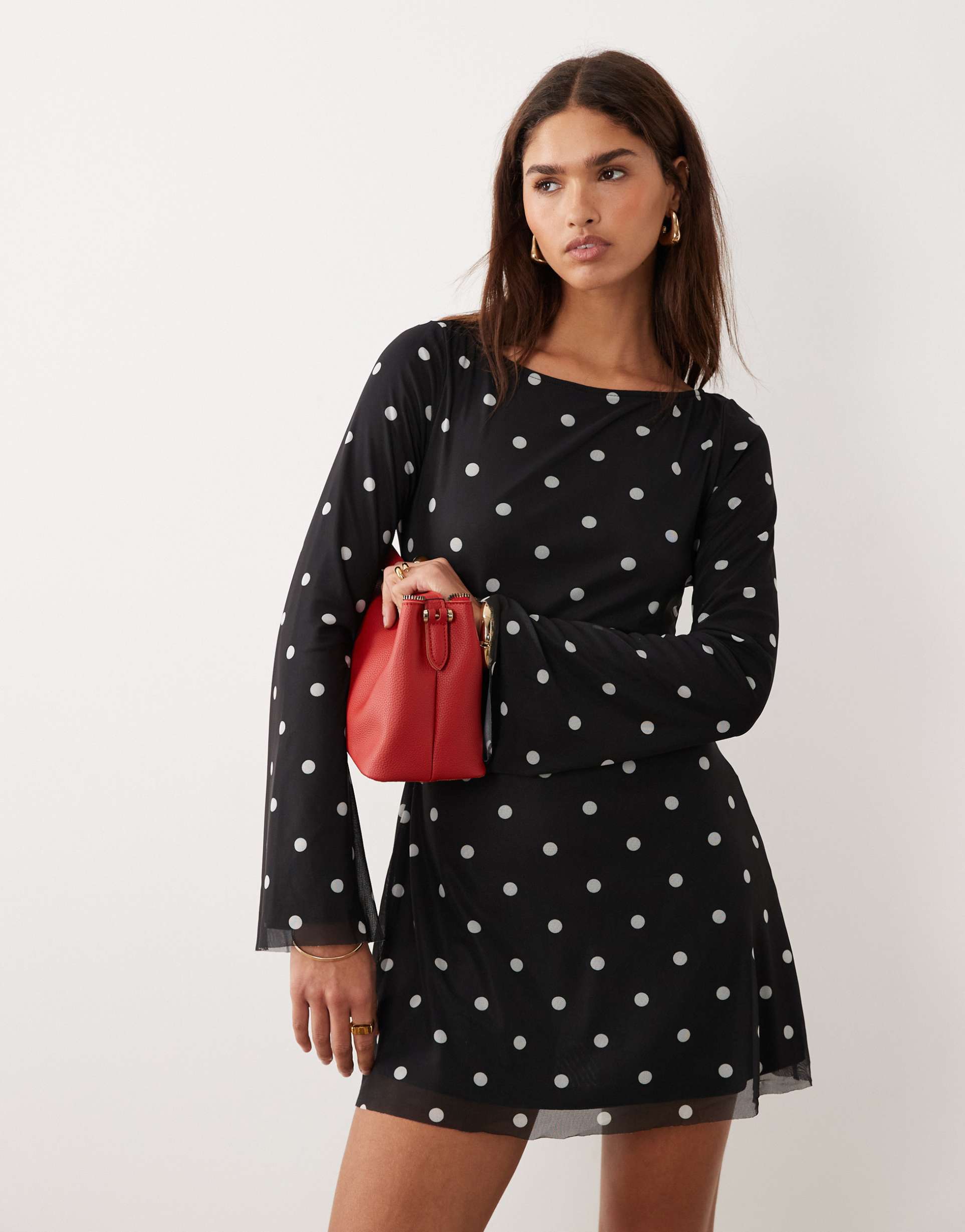 princess polly lukea mesh flare sleeve open back mini dress in black polka