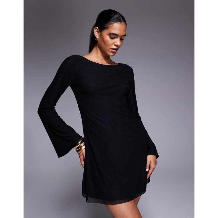 knee length dresses for ladies Lukea Long Sleeve Plisse Mini Dress Black