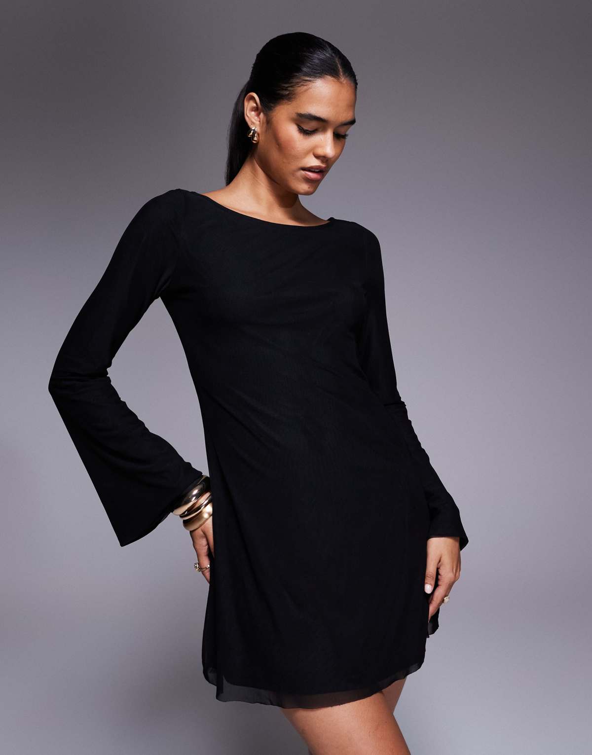 Princess Polly Lukea mesh flare sleeve open back mini dress in black
