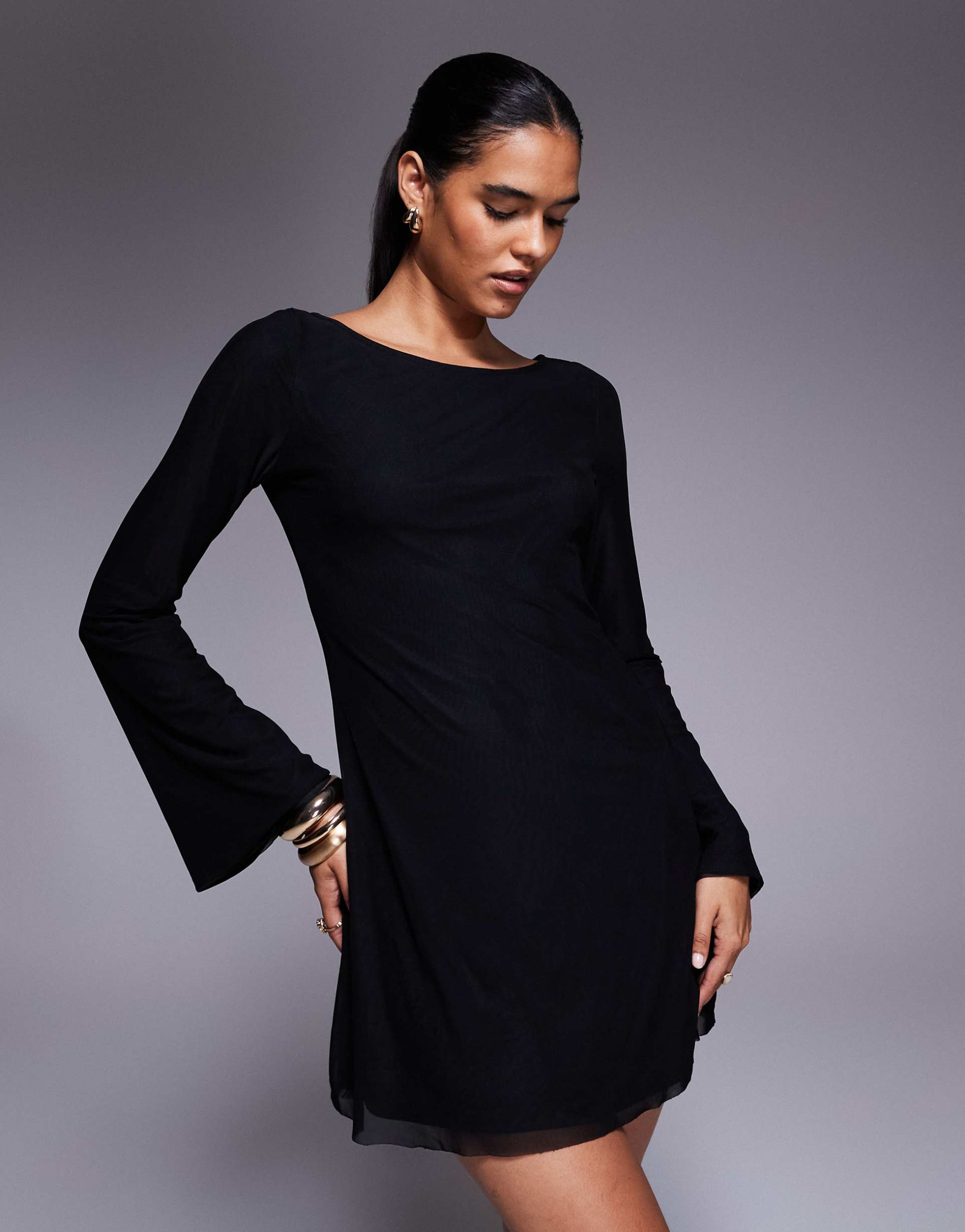 princess polly lukea mesh flare sleeve open back mini dress in black