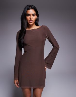 Princess Polly Lukea Mesh Flare Sleeve Open Back Mini Dress In Burgundy