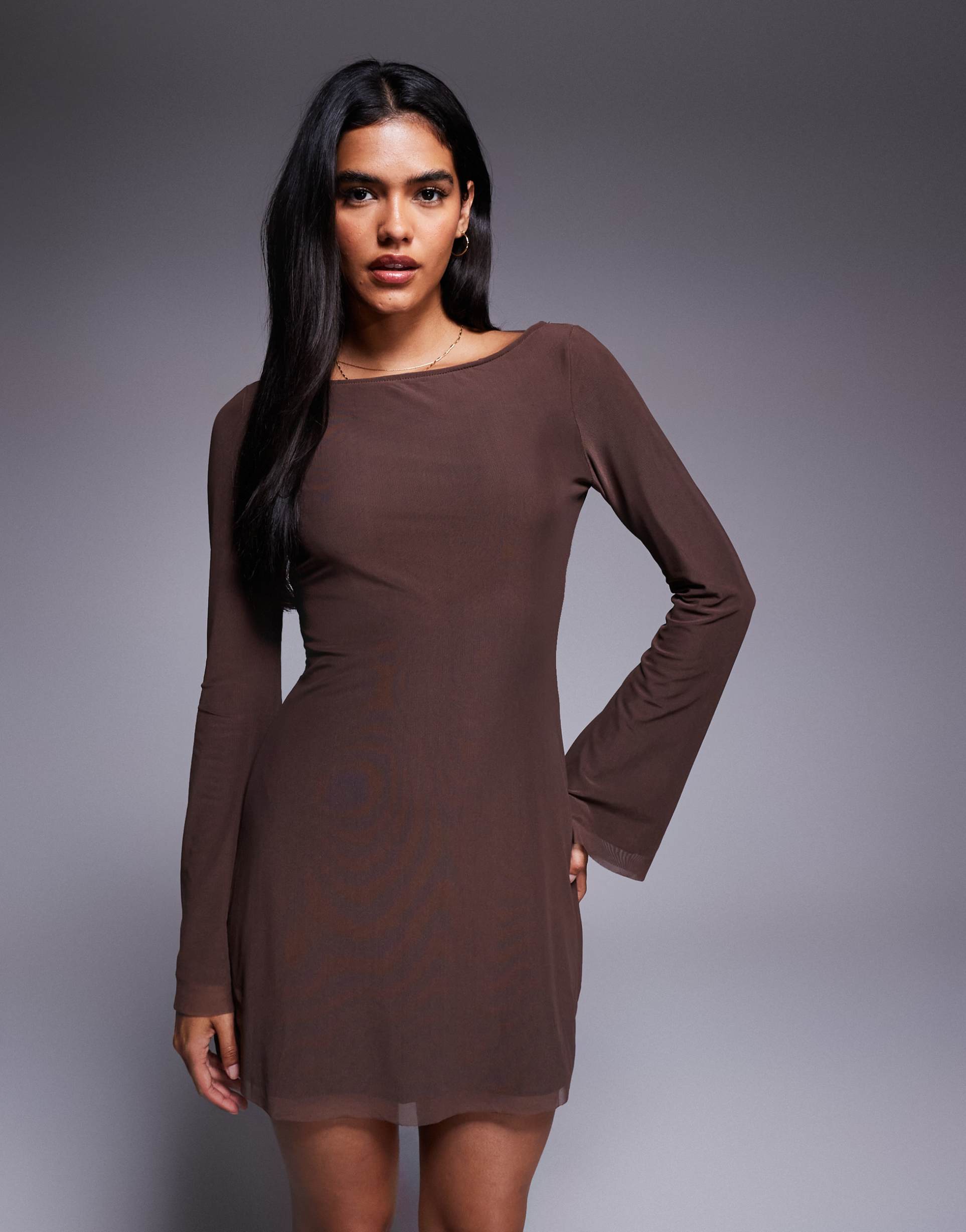 princess polly lukea mesh flare sleeve open back mini dress in brown