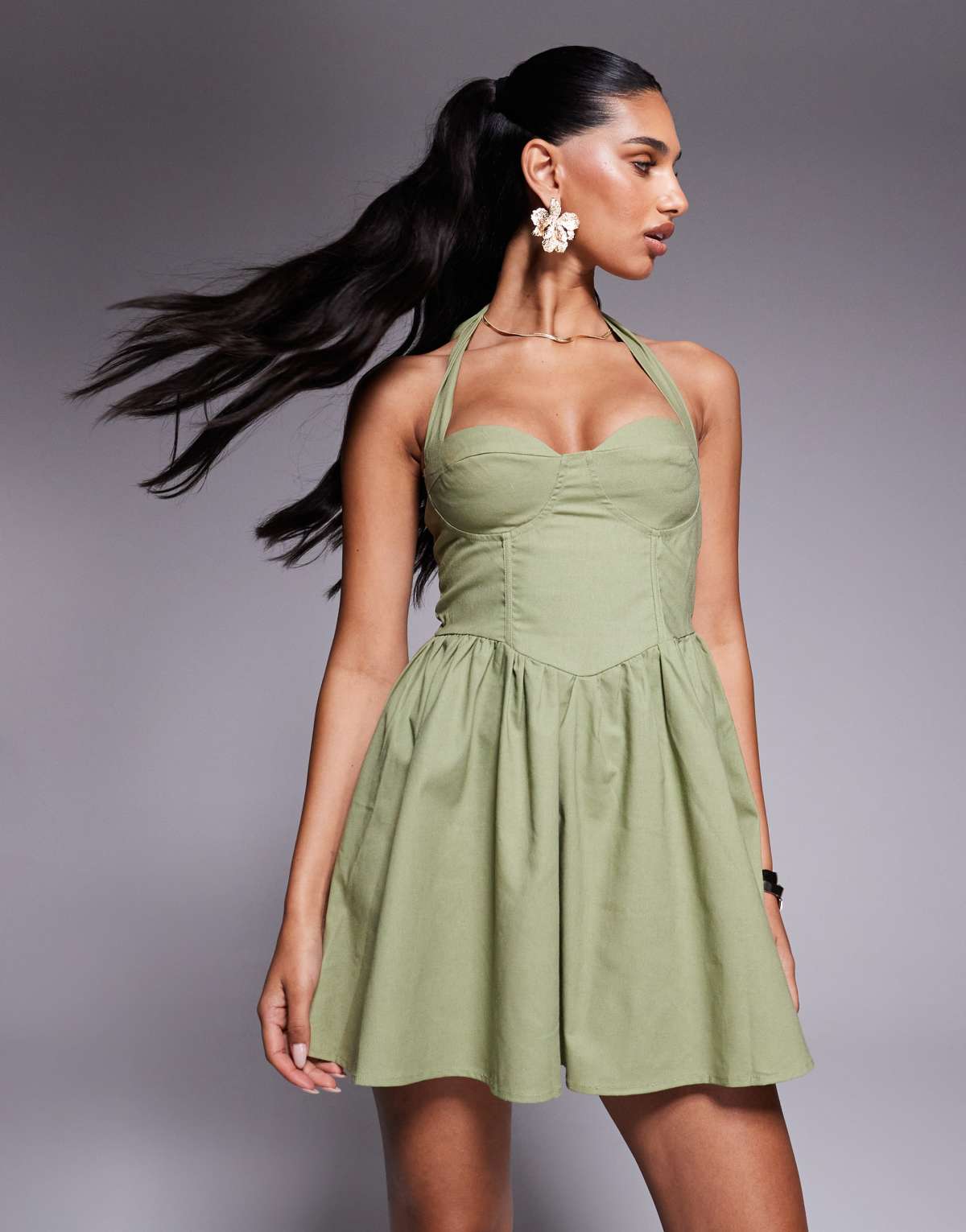 Princess Polly Lyle halterneck corset detail mini skater dress in olive