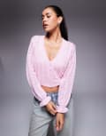 [Princess Polly] Princess Polly Lyric open stitch frill cuff cropped cardigan in pink M/L PINK