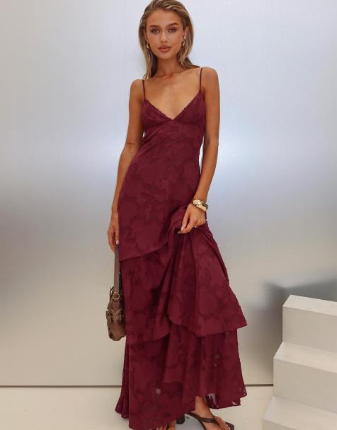 Princess Polly Lyricah textured devore tiered drape cami tie back detail maxi dress in burgundy - view 1