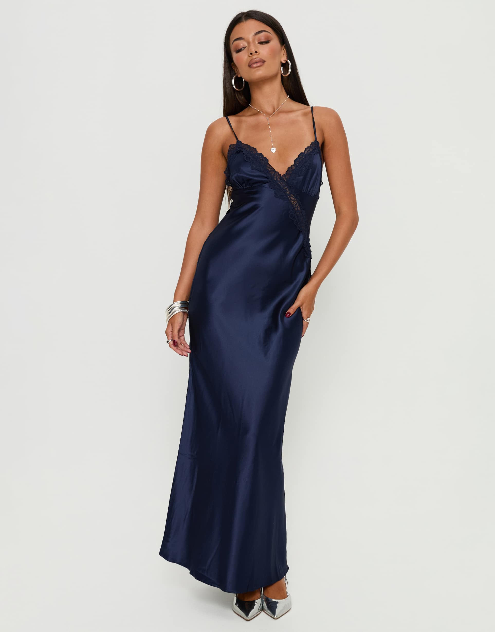 princess polly madelene satin lace trim cami maxi dress in navy