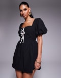 [Princess Polly] Princess Polly Maelle puff sleeve contrast tie front open back playsuit in black and white-Multi 4 Black and white