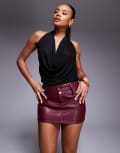 [Princess Polly] Princess Polly Magee faux leather mid waist mini skirt in burgundy-Red 14 BURGUNDY
