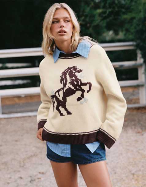 Princess Polly - Maglione color crema con stampa di cavalli e finiture a contrasto - view 1