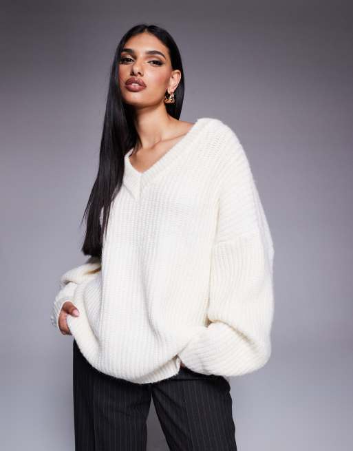 Princess Polly - Maglione oversize color crema a coste con scollo a V