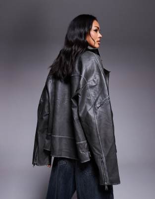 Princess Polly Magnets Leather Look Oversized Biker Jacket In Black