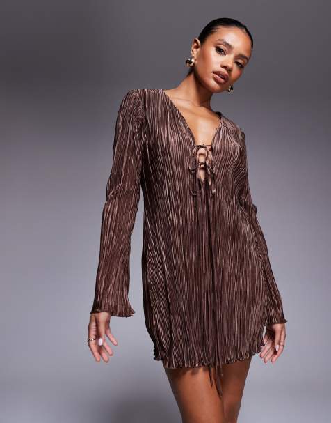 Princess Polly Malop plisse tie front flare sleeve mini dress in chocolate - view 1