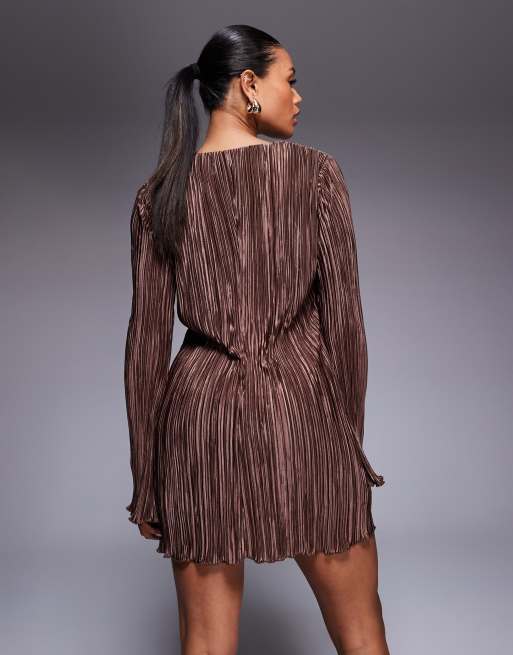 Princess Polly Malop plisse tie front flare sleeve mini dress in chocolate, 4 of 4