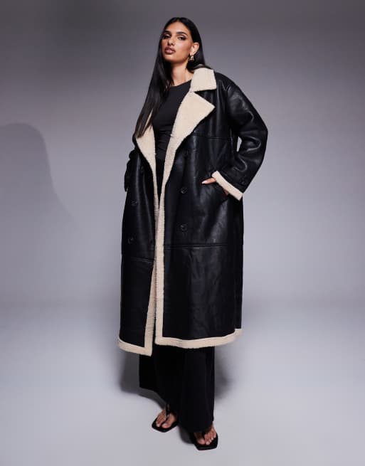 Princess Polly - Manteau long boutonné en imitation cuir bordé d'imitation peau de mouton contrastante - Noir et beige