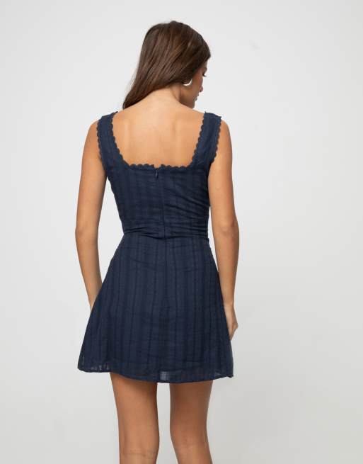 Princess Polly Marcelline scalloped trim square neck embroidered cotton mini  dress in navy