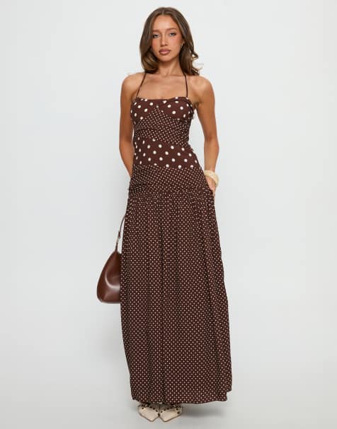 Princess Polly Marguerite contrast panel halterneck drop waist maxi dress in chocolate polka dot - view 1