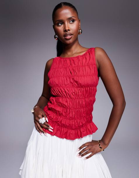 Princess Polly Marleen shirred detail sleeveless top in red - view 1