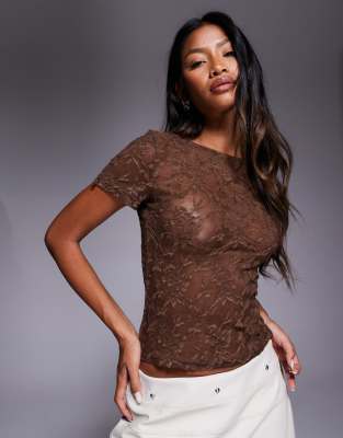 Princess Polly Martine Sheer Lace Fitted T-shirt In Brown
