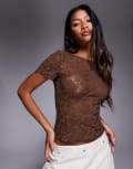 [Princess Polly] Princess Polly Martine sheer lace fitted t-shirt in chocolate-Brown 10 BROWN