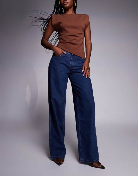 Princess Polly Maryanne mid rise relaxed wide leg jeans in dark wash blue - view 1