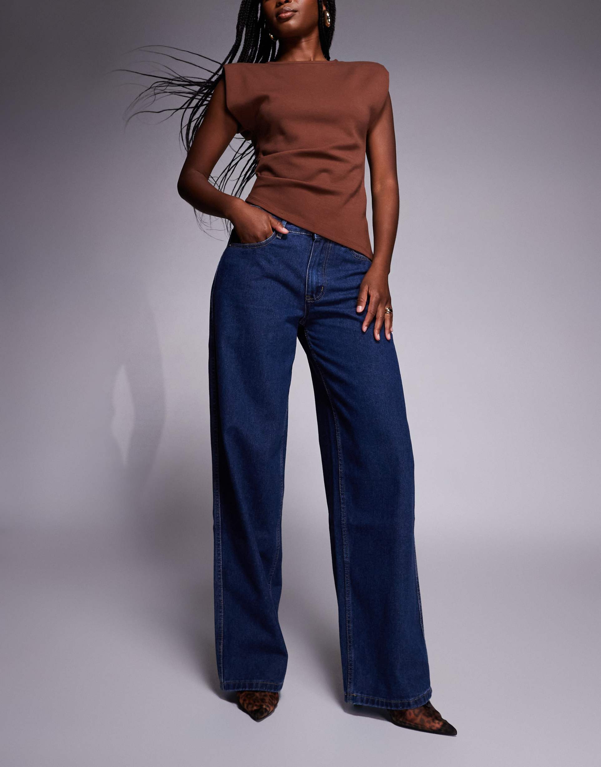princess polly maryanne mid rise relaxed wide leg jeans in dark wash blue