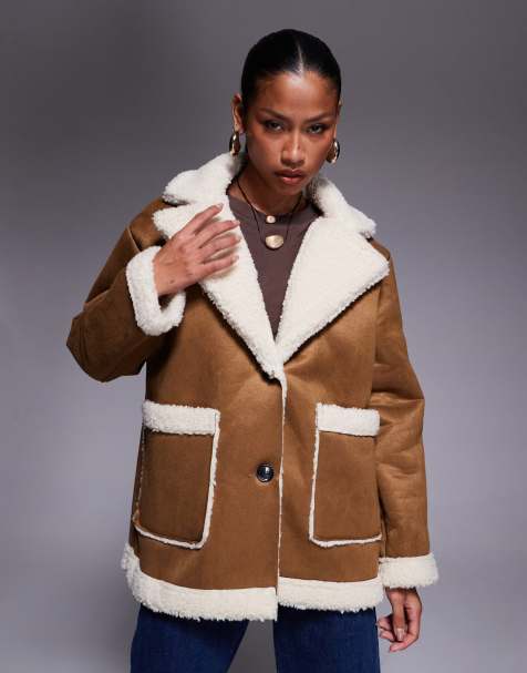 Princess Polly Marysville faux suede collared borg faux fur trim pocket front oversized jacket in camel - view 1