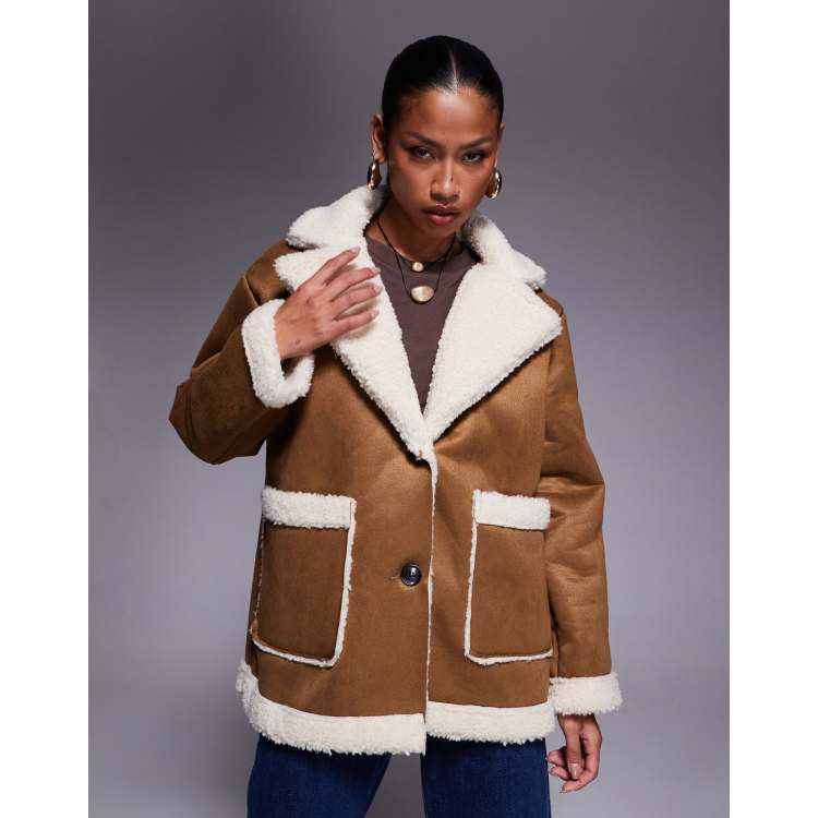 Princess Polly Marysville suede collared borg fur trim pocket