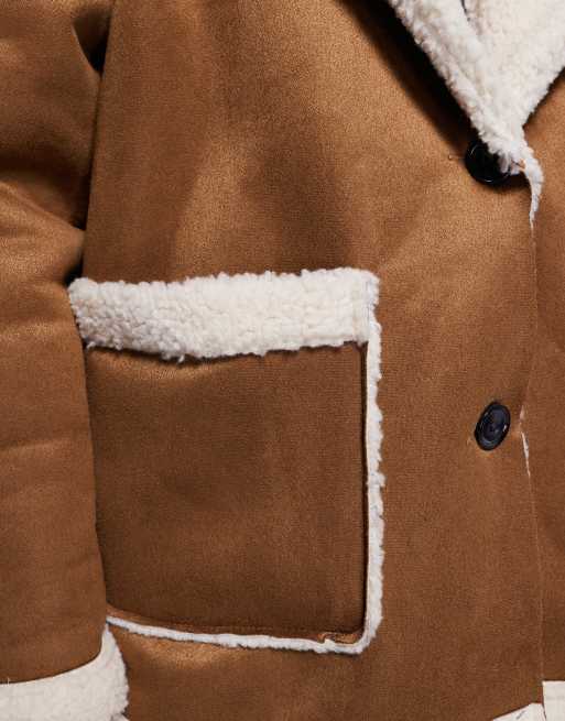 Princess Polly Marysville suede collared borg fur trim pocket front oversized jacket in camel, 3 of 4
