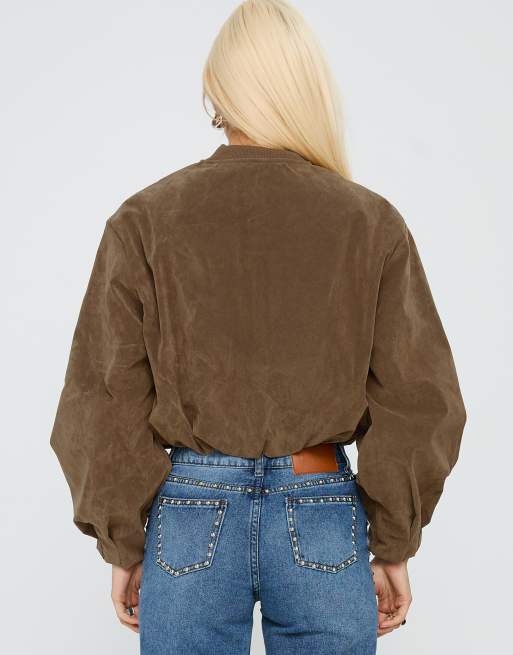 Princess Polly - Mastery - Bomber court en imitation daim avec manches ballon - Marron, 3 de 4