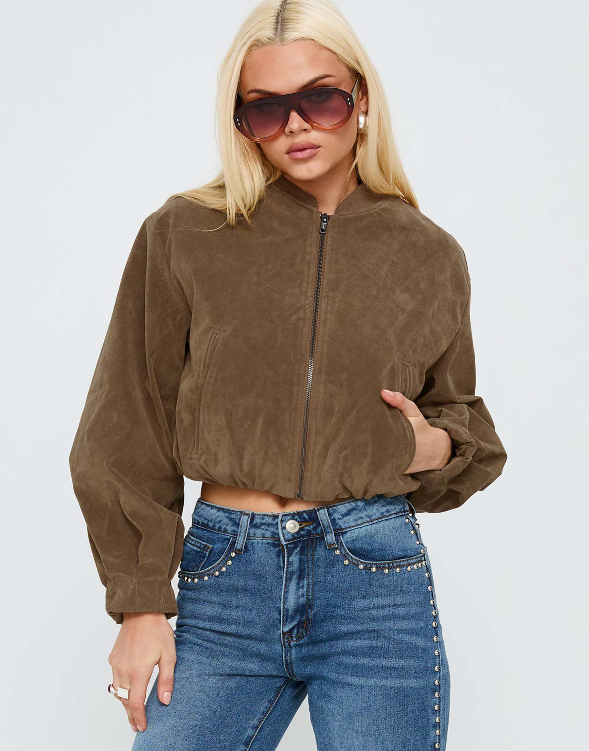 princess polly mastery faux suede balloon sleeve cropped bomber jacket in brown