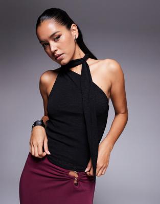 Mathias fine knit scarf tie neck detail top in black