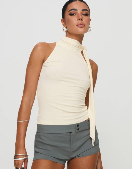 Princess Polly Mathias top aderente con allacciatura al collo in crema, 4 di 4